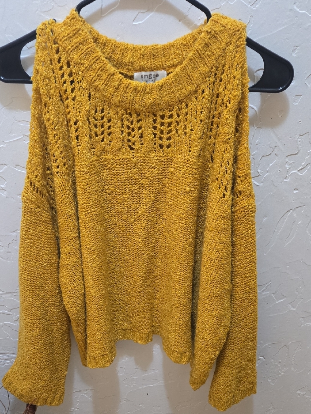 Umgee Golden Mustard Open-Knit Cold Shoulder Crewneck Sweater